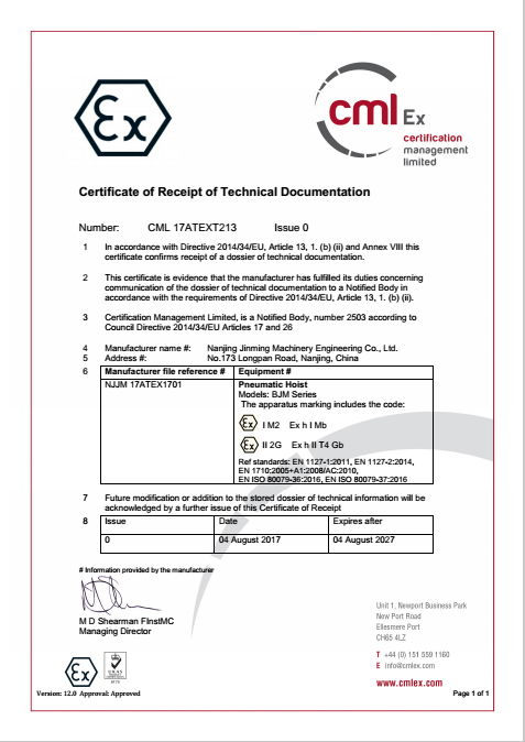 熱烈慶祝我司獲國際防爆證書，CE證書